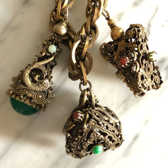Vintage Semi-Precious Stone Serpent Charm Bracelet - Picture 1 of 9
